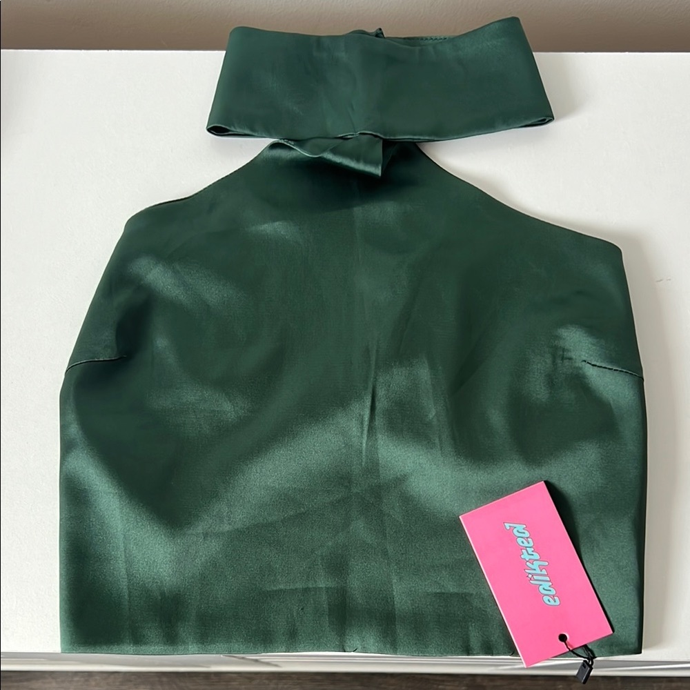 NWT Edikted Daina Satin Effect Open Back Crop Top Olive Halter Small